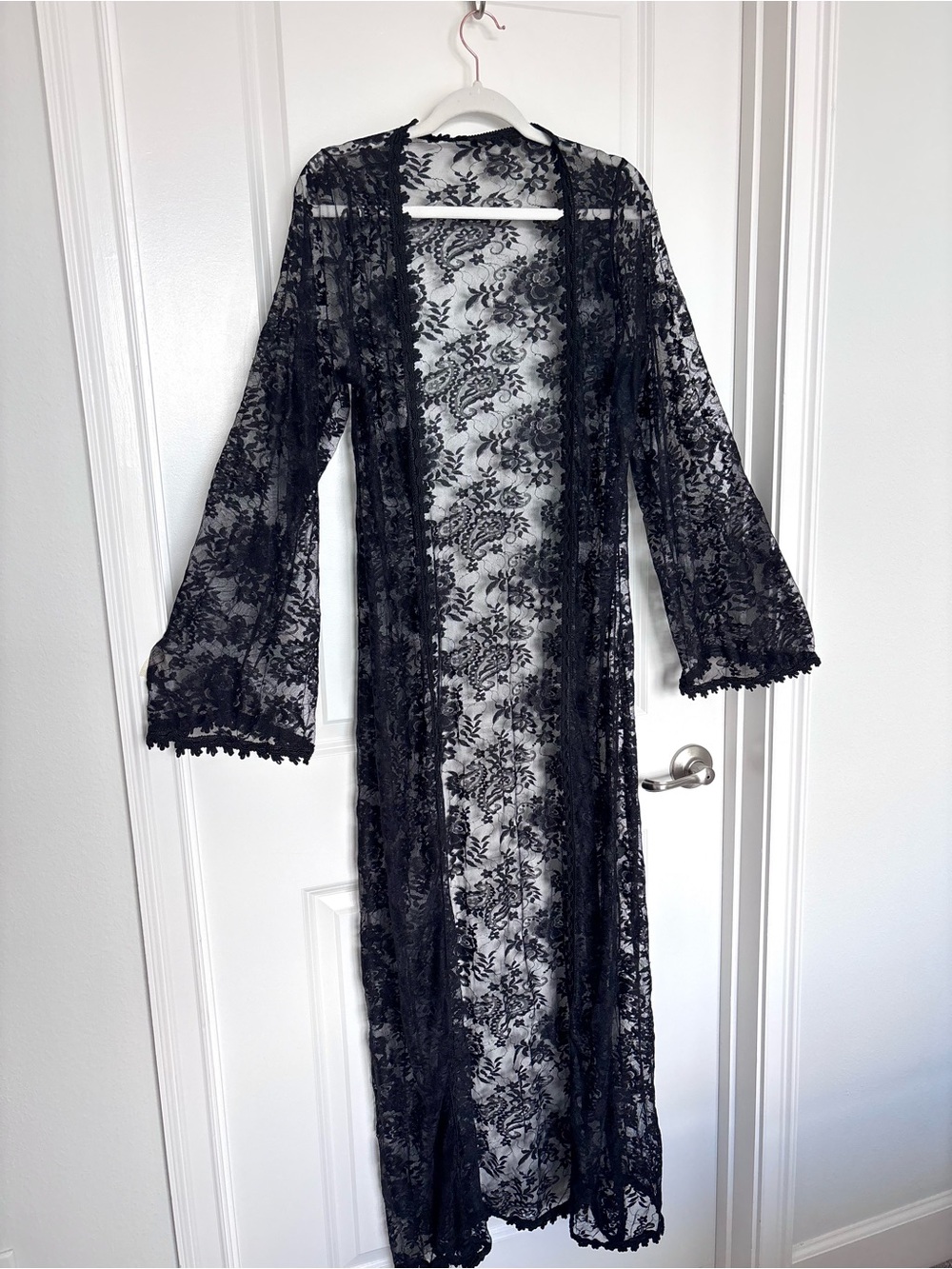 Mapalé Black Floral Lace Duster Kimono Maxi Cover Up Medium Resort Boho Festival